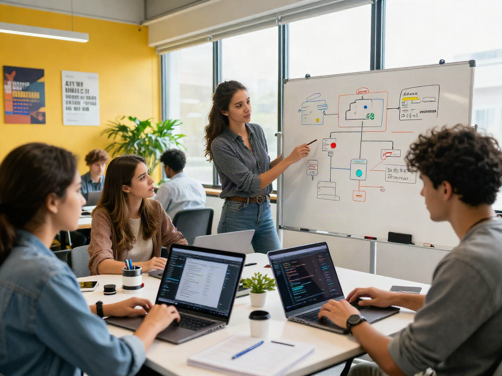 Innovative team discussing ai gf technology in a modern workspace.