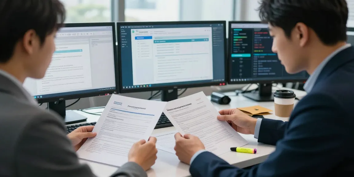 Document fraud detection process in a professional office setting with an analyst reviewing documents.
