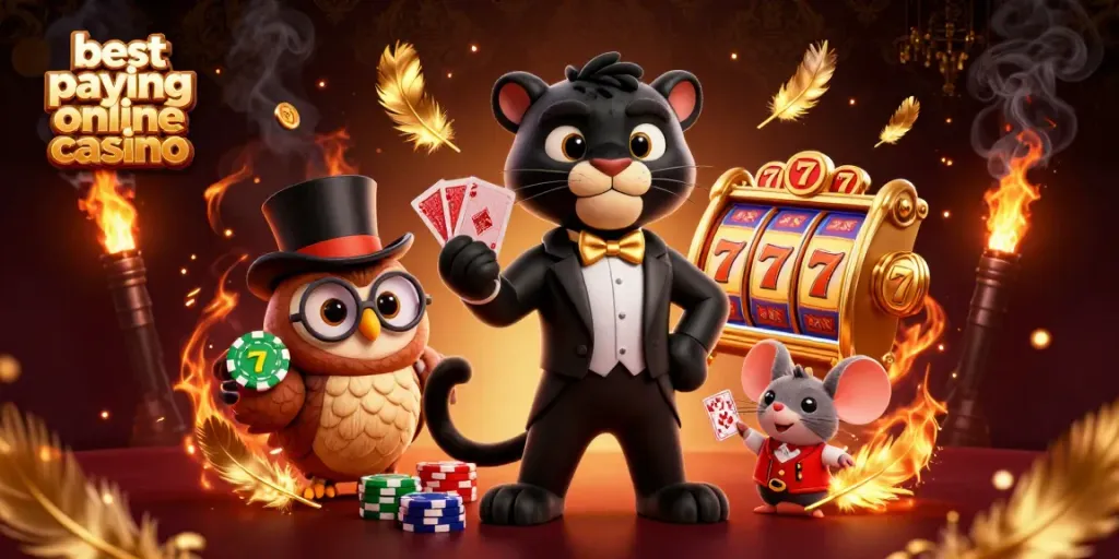 Experience the excitement at the best paying online casino with a stylish panther dealer, owl, and lucky mouse.