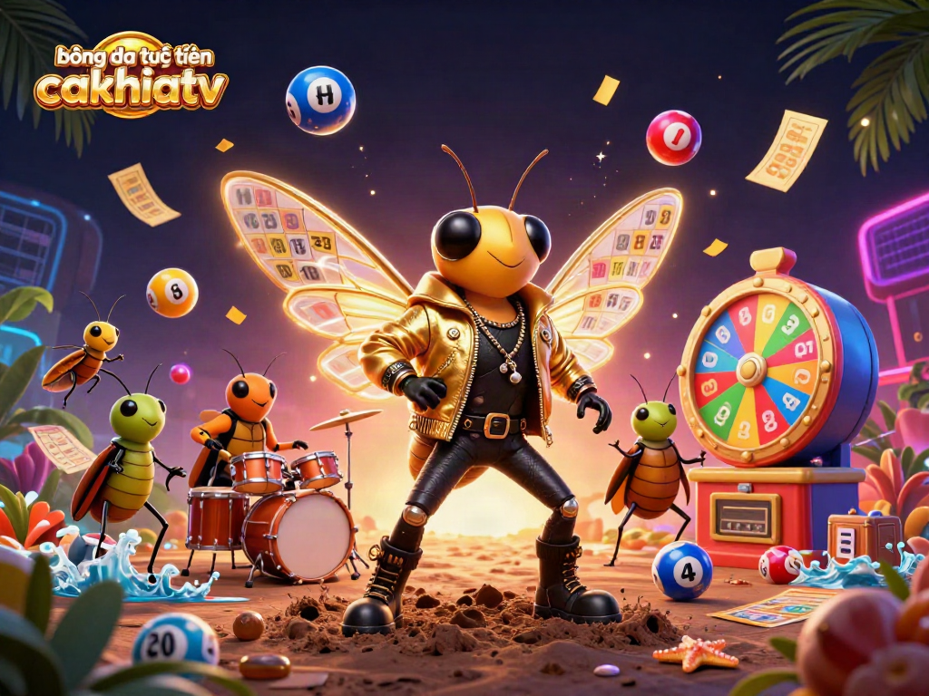bóng đá trực tuyến cakhiatv features a dynamic scene with a cicada rock star, animated game elements, and vibrant casino symbols in a colorful setting.