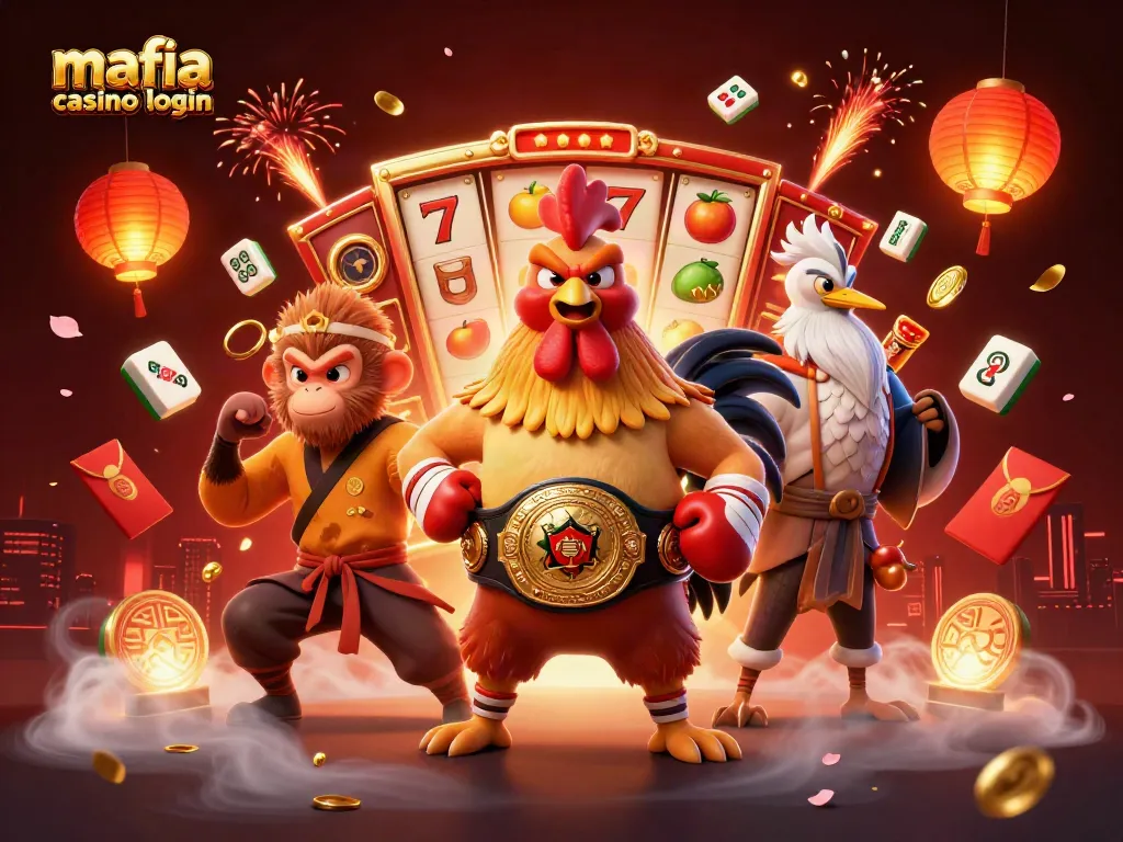 Mafia casino login illustration featuring a Muay Thai rooster and slot games for engaging play.