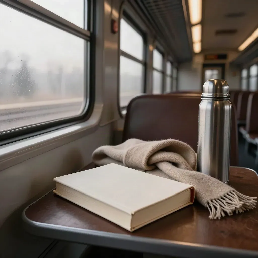 Libro di racconti e thermos su sedile del treno all’alba, con sciarpa e finestrino appannato.