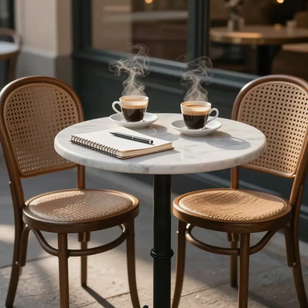 Due sedie di caffè, tavolo in marmo, taccuino, penna e due tazzine di espresso fumanti.