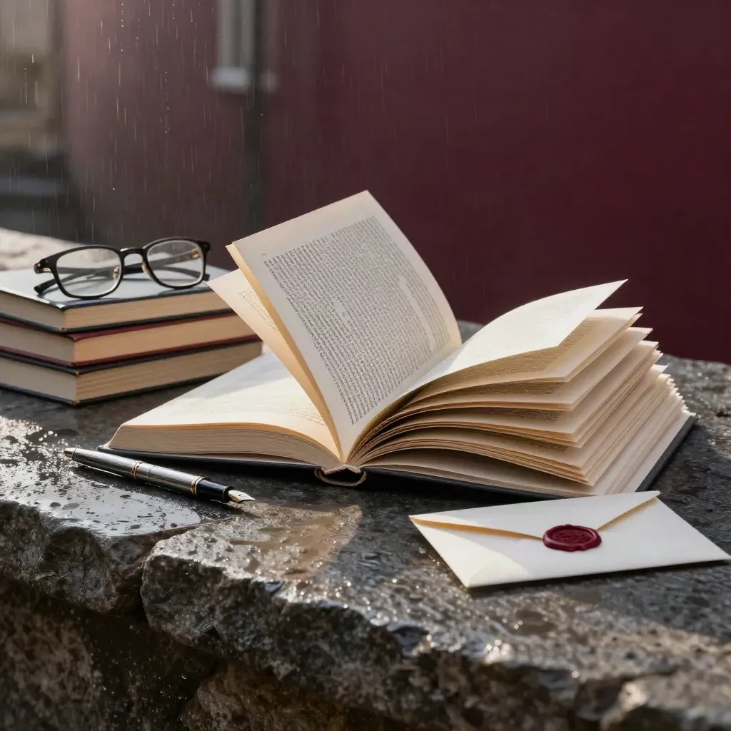 Libro aperto, romanzi impilati, occhiali e penna su pietra bagnata, luce dopo il temporale.