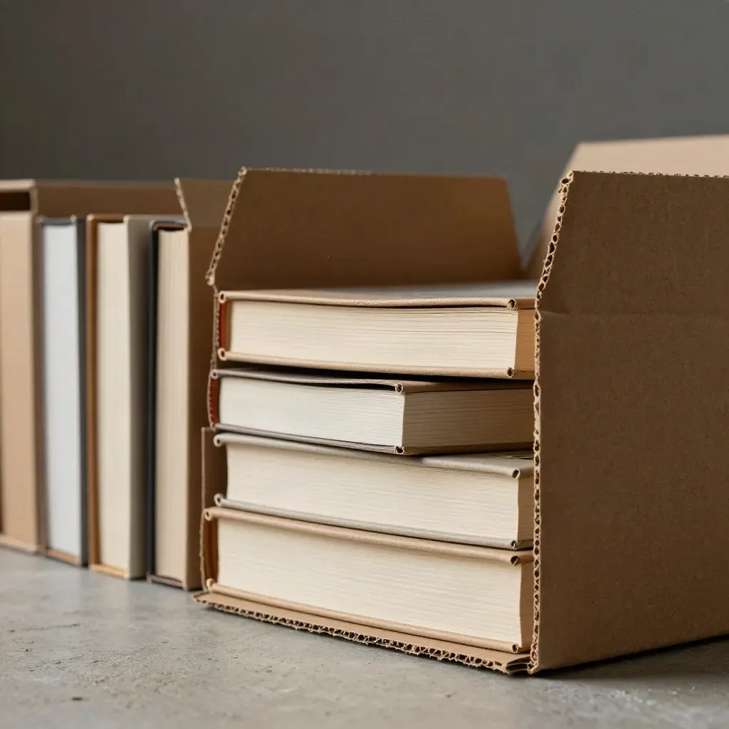 Scatole kraft aperte con libri appena arrivati su pavimento di cemento chiaro.