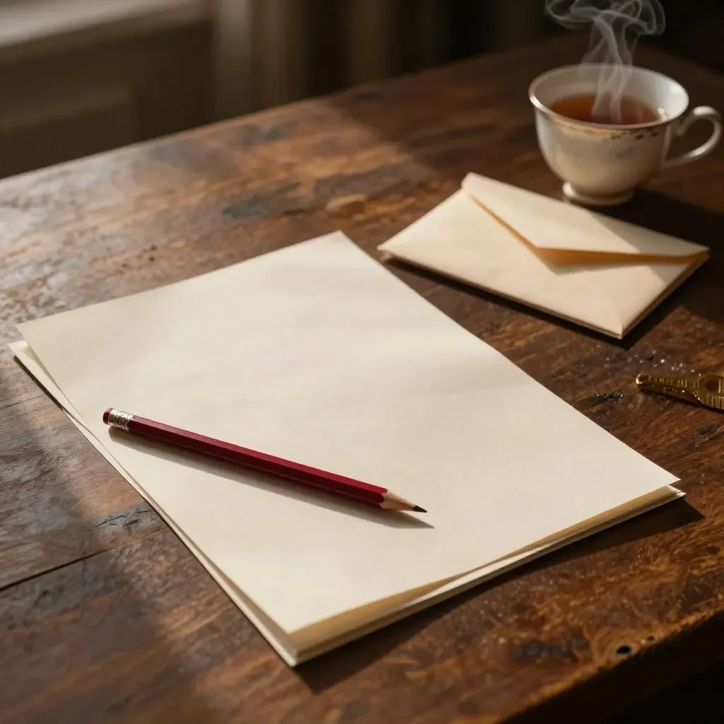 Scrivania redazionale con bozze piegate, matite rosse, buste crema e tazza sbeccata in luce calda.