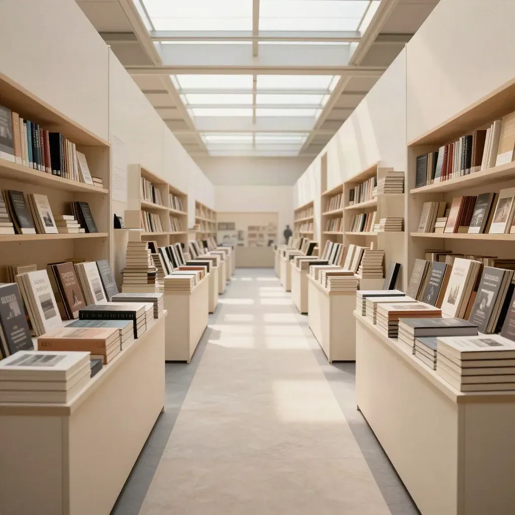 Corridoio della Fiera del Libro di Torino vuoto al mattino, con stand alti e pile di libri ordinate