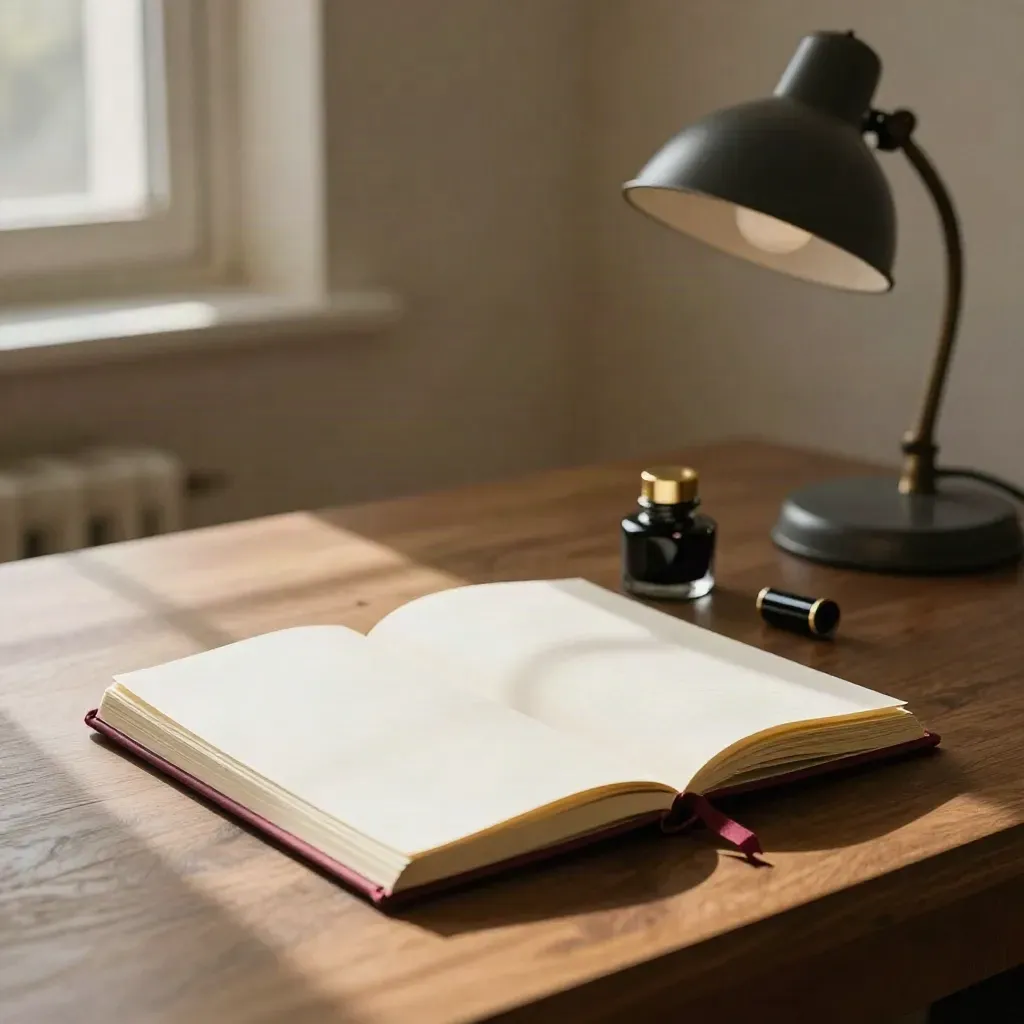 Quaderno bianco, boccetta d'inchiostro e cappuccio di penna su scrivania, luce calda laterale.