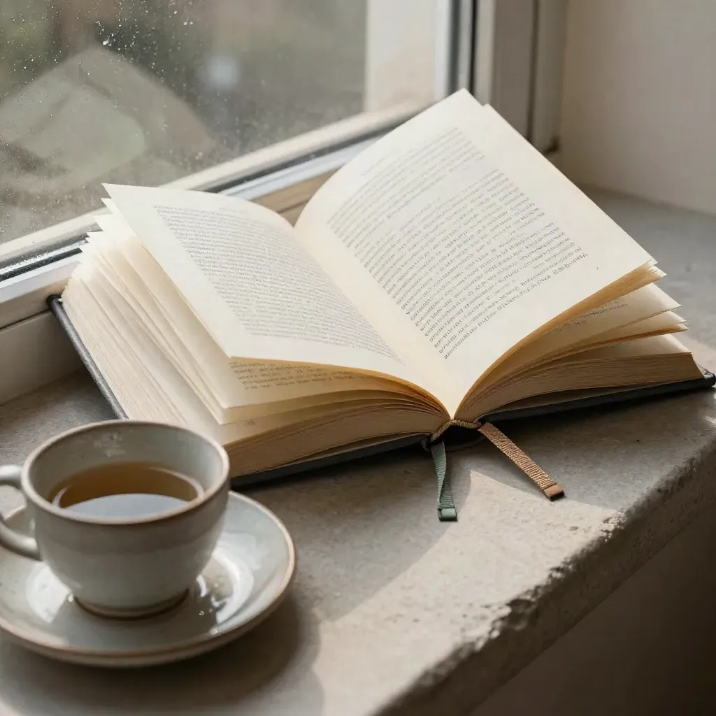 Romanzo aperto sul davanzale con tre segnalibri, tazza e piattino, luce nuvolosa e pioggia