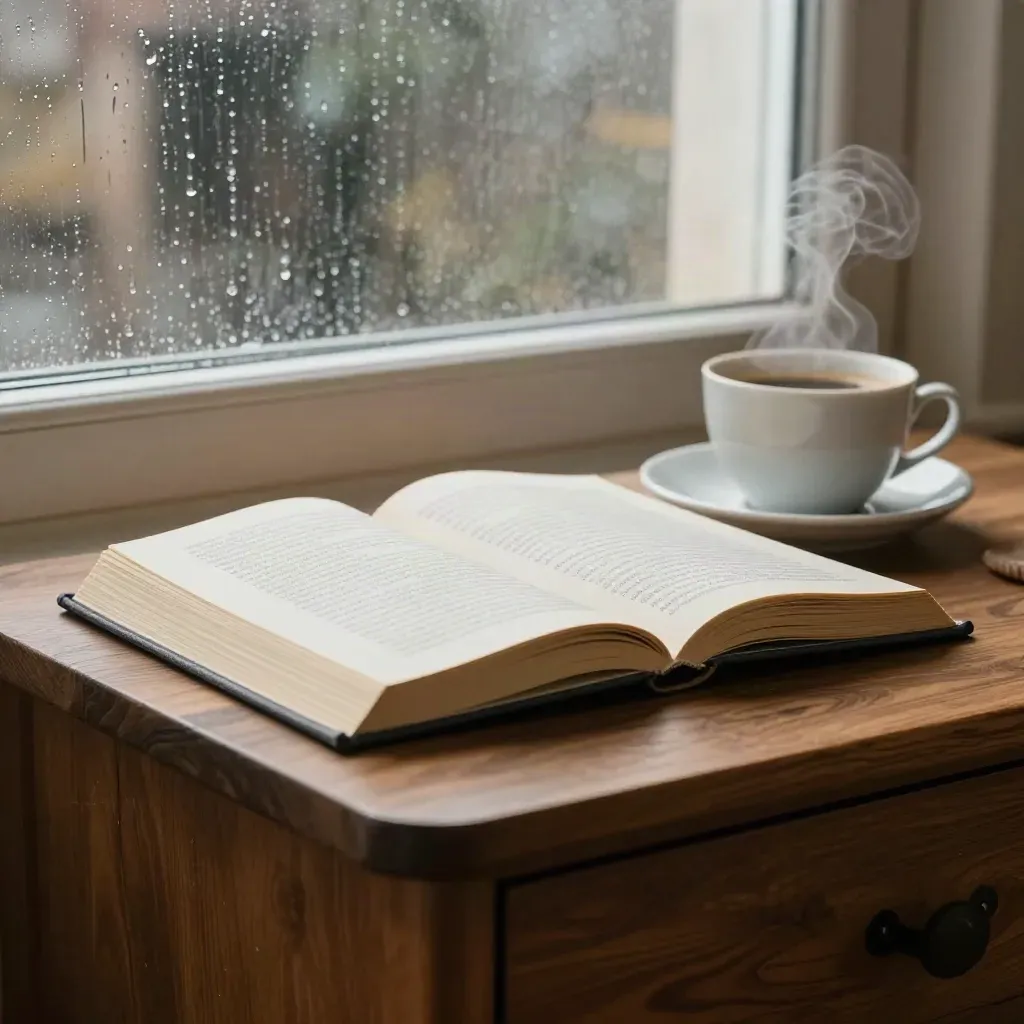 Libro di racconti e caffè su tavolino da viaggio, con finestra piovosa e vapore