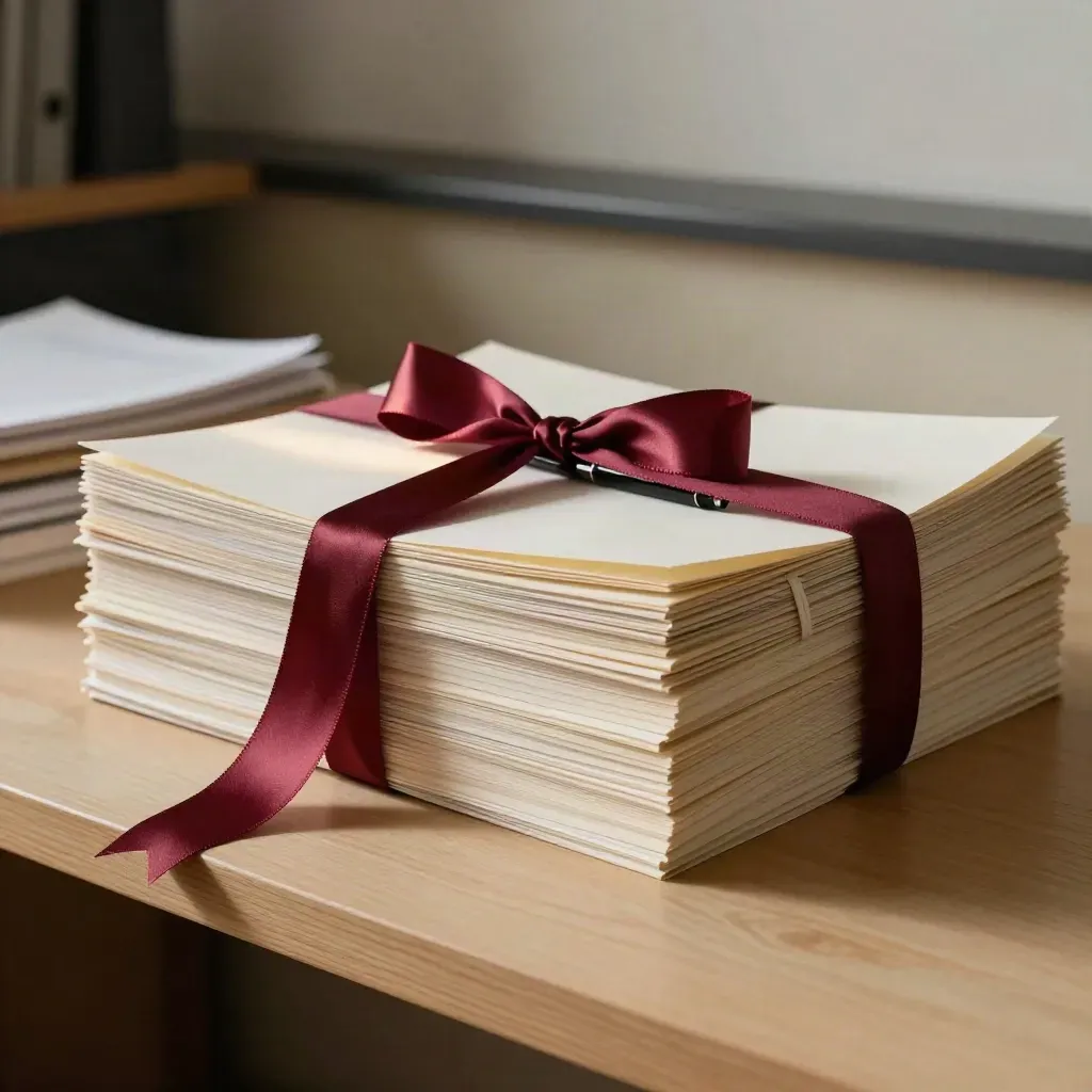 Manoscritti finiti legati da nastro bordeaux con penna e elastico su un banco editoriale.