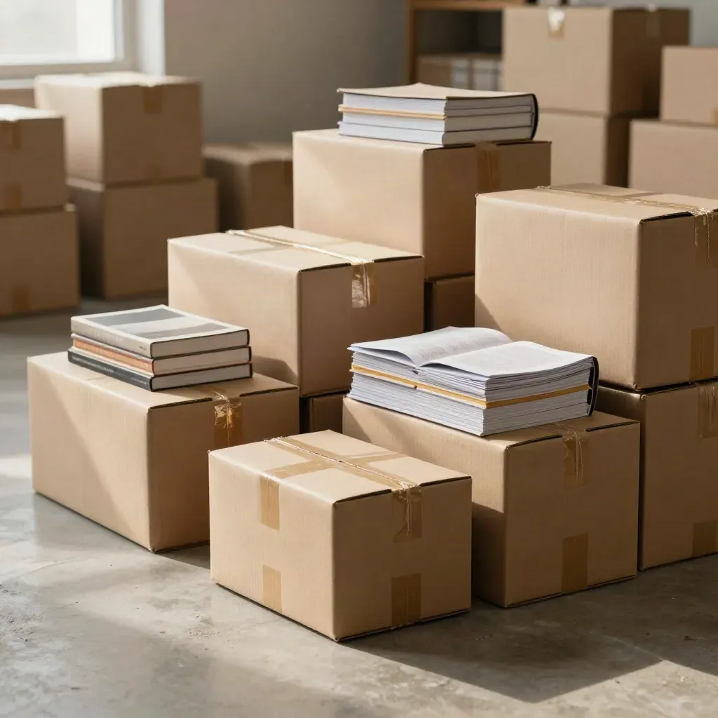 Scatole di spedizione con libri di piccoli editori in un magazzino, viste dal pavimento.