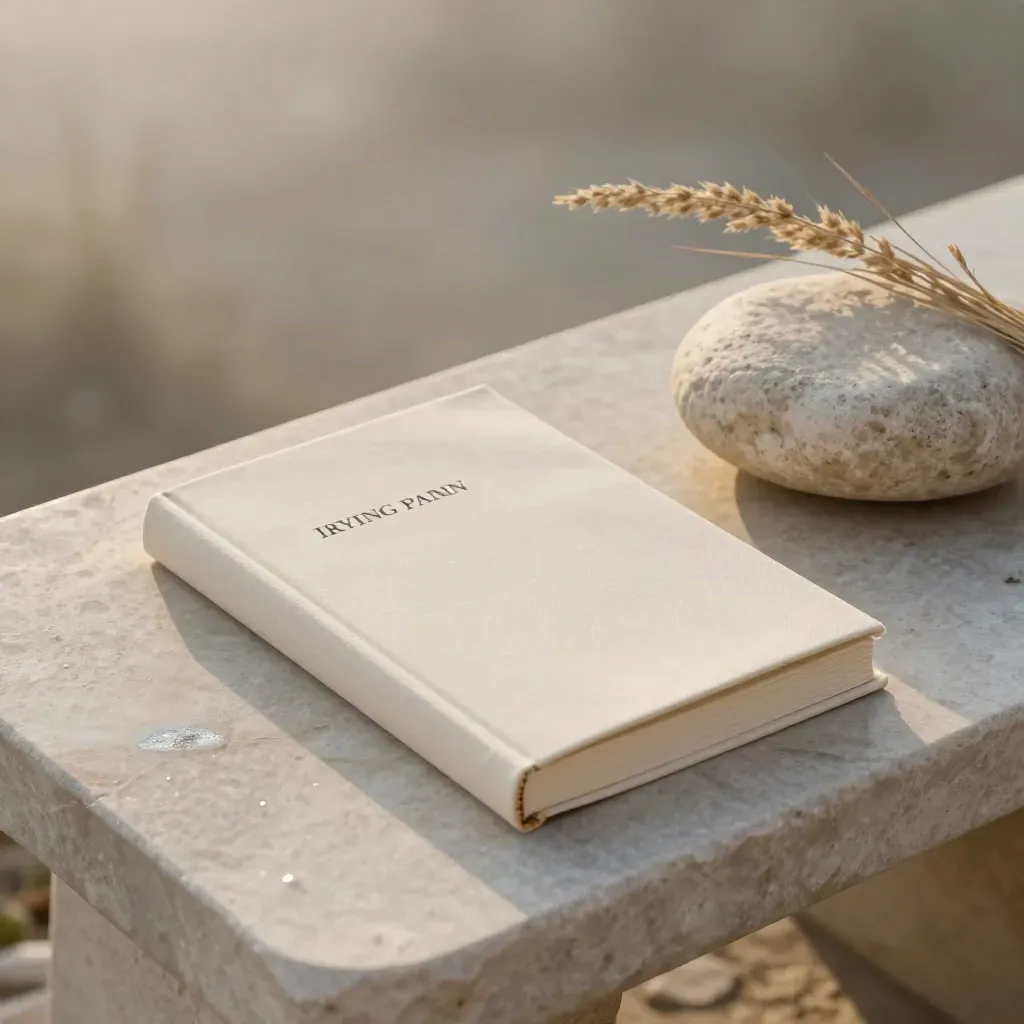 Volume di poesia su panca di pietra chiara con pietra liscia ed erbe secche all’alba