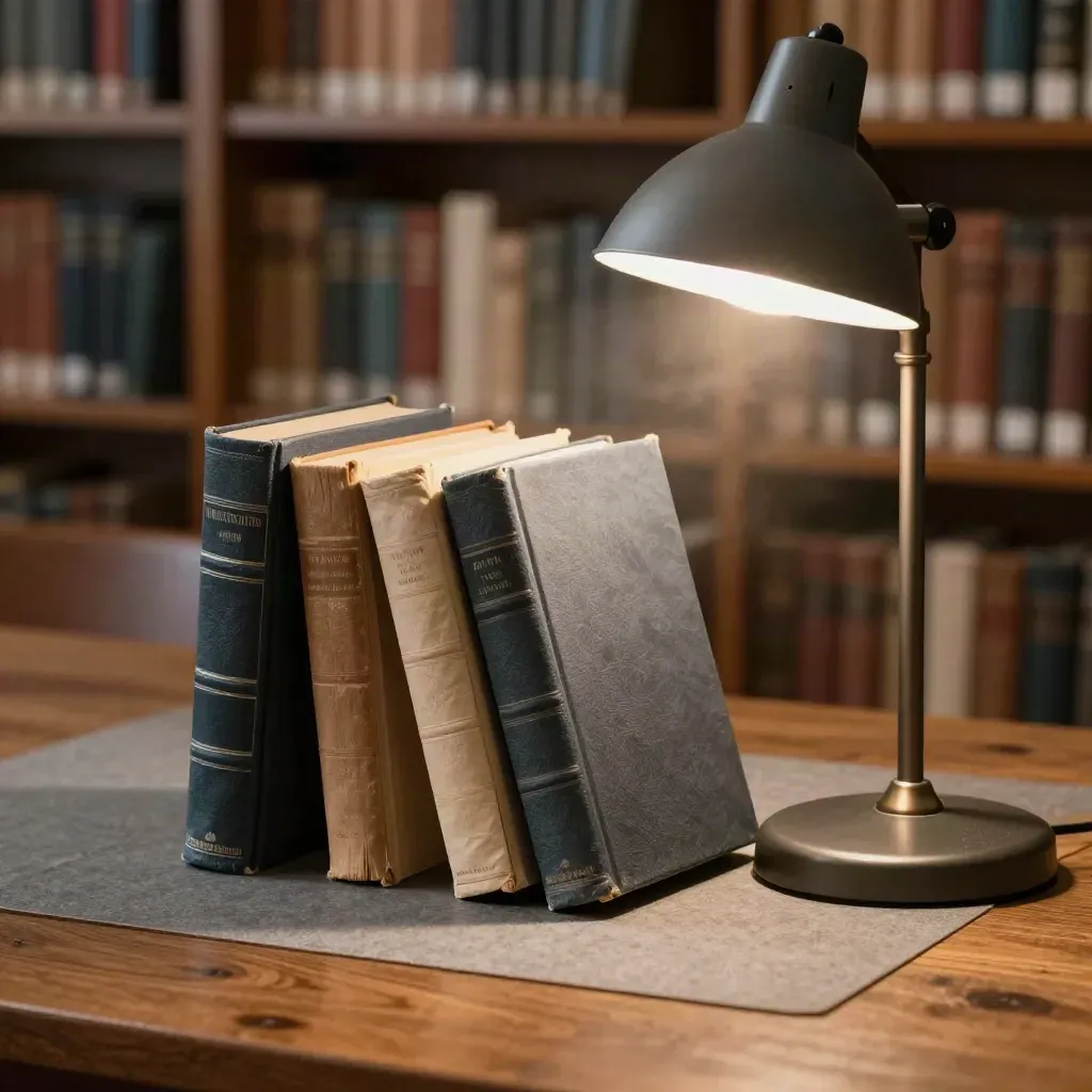 Tre classici in tela su un tavolo di biblioteca, con lampada opaca e scaffali sfocati.