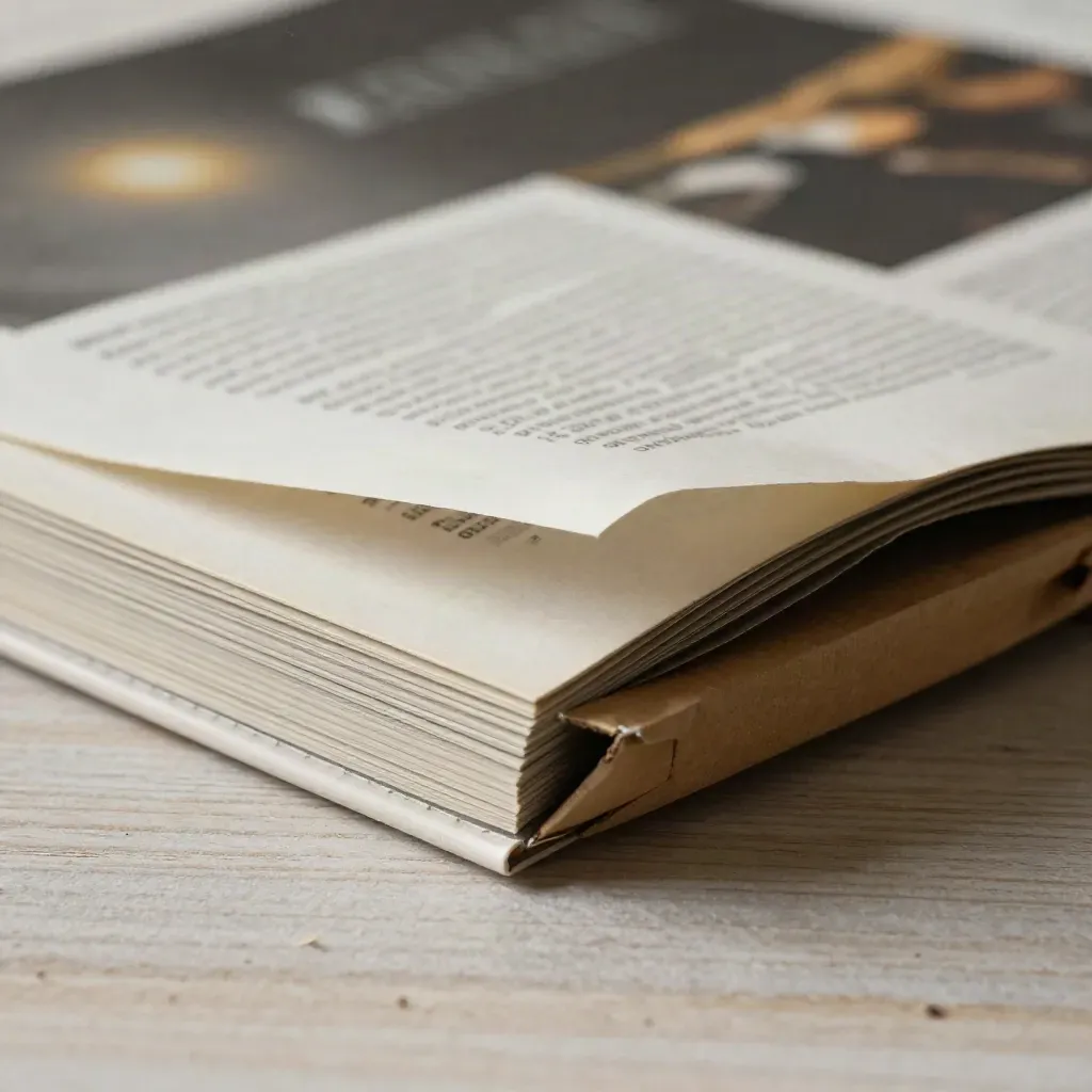 Rivista letteraria appena arrivata con foglio sciolto e busta da spedizione su legno chiaro