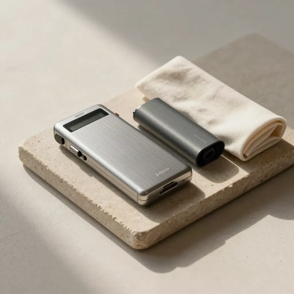 Registratore audio, batteria di scorta e panno crema su vassoio di pietra.