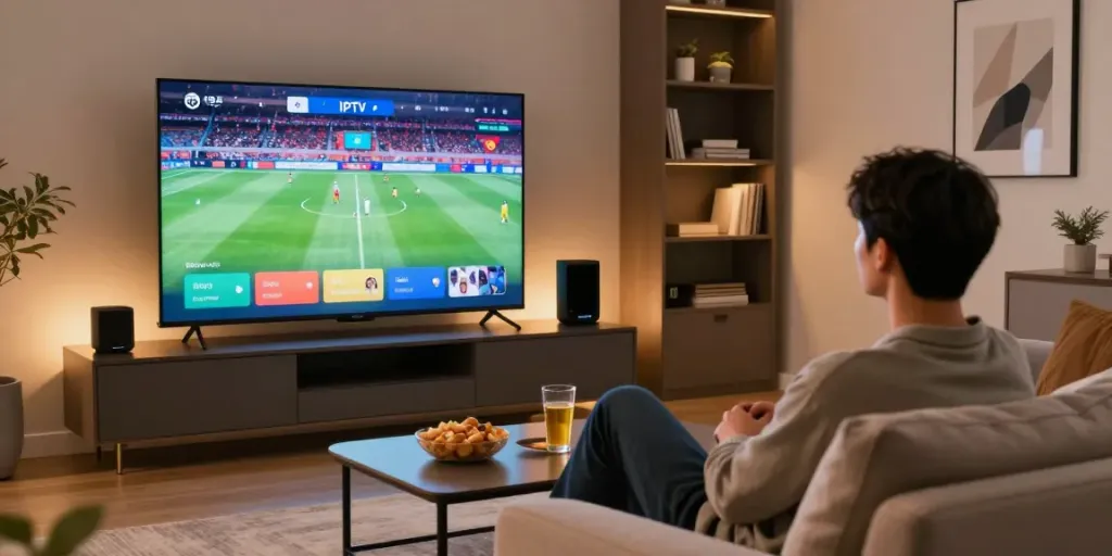 Relaxed viewing of abbonamento iptv in a modern living room with sports content.