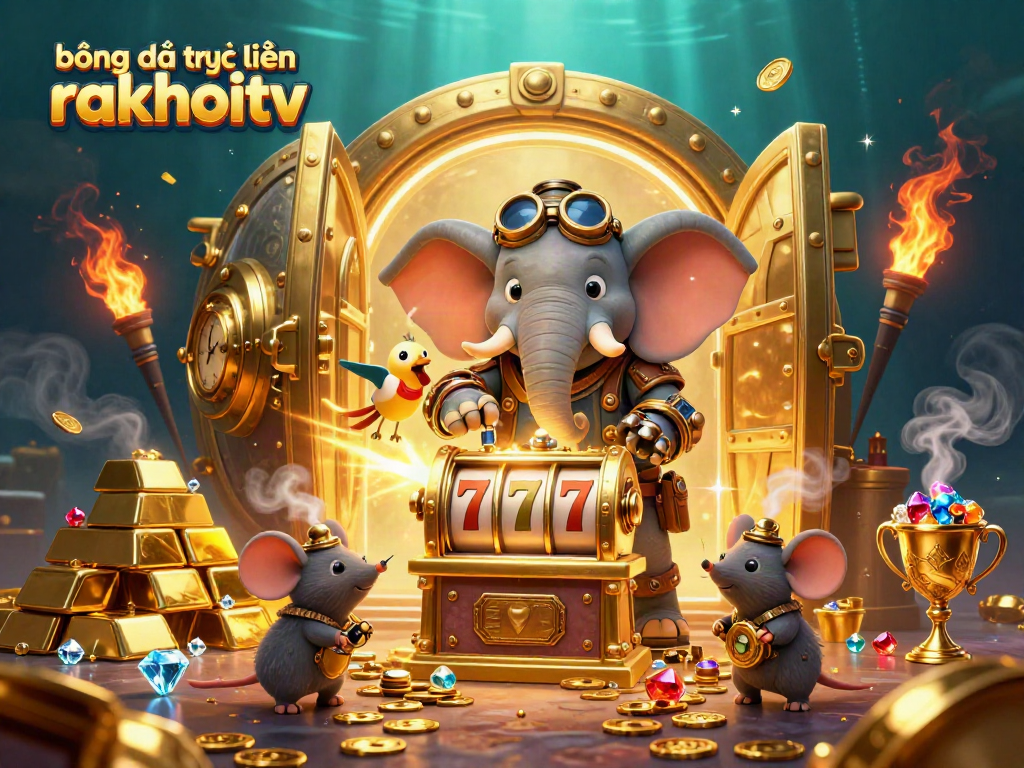 bóng đá trực tuyến rakhoitv showcases a whimsical steampunk scene with a mechanical elephant and treasures of luck.