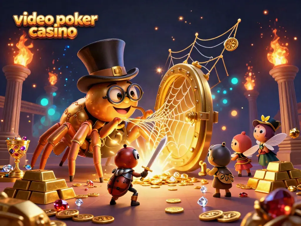 Experience the excitement of a video poker casino with a vibrant 3D scene featuring animated characters and rich treasure.