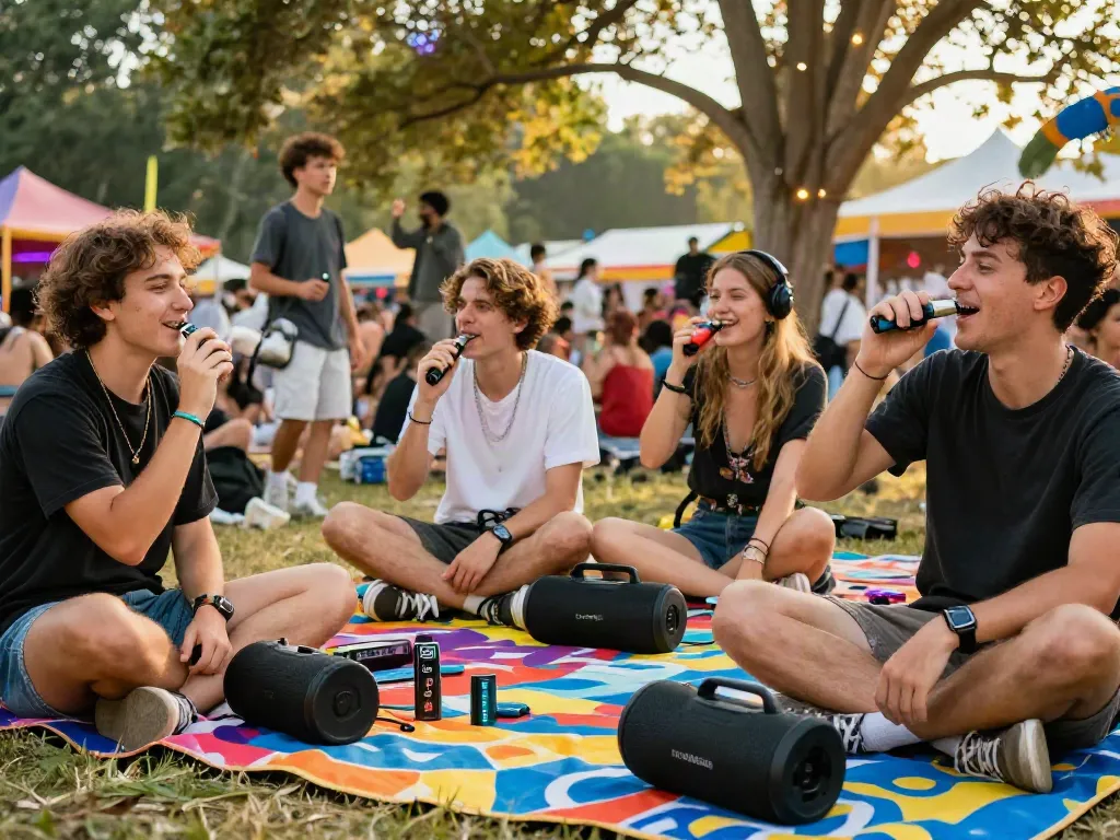 Group of friends enjoying rokok88 electronic cigarettes at a music festival