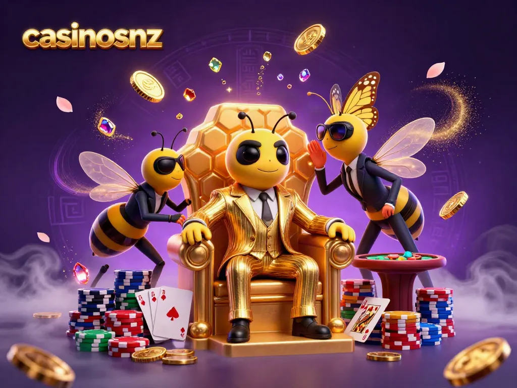 Engage with casinosnz's exciting poker scene featuring a cartoon bumblebee mob boss.