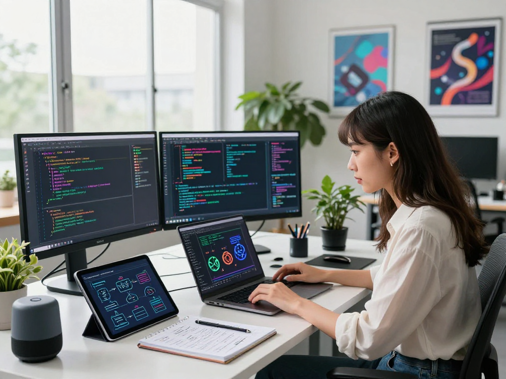 Innovative AI developer analyzing data for juicy ai solutions in a dynamic tech workspace.